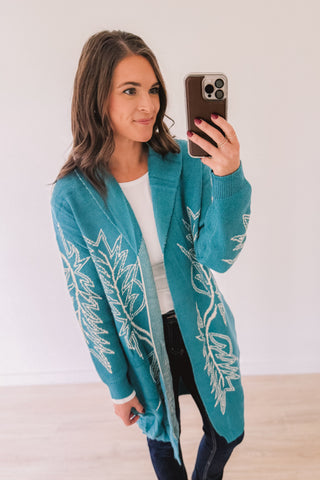 Western Boot Stitch Cardigan (Turquoise)