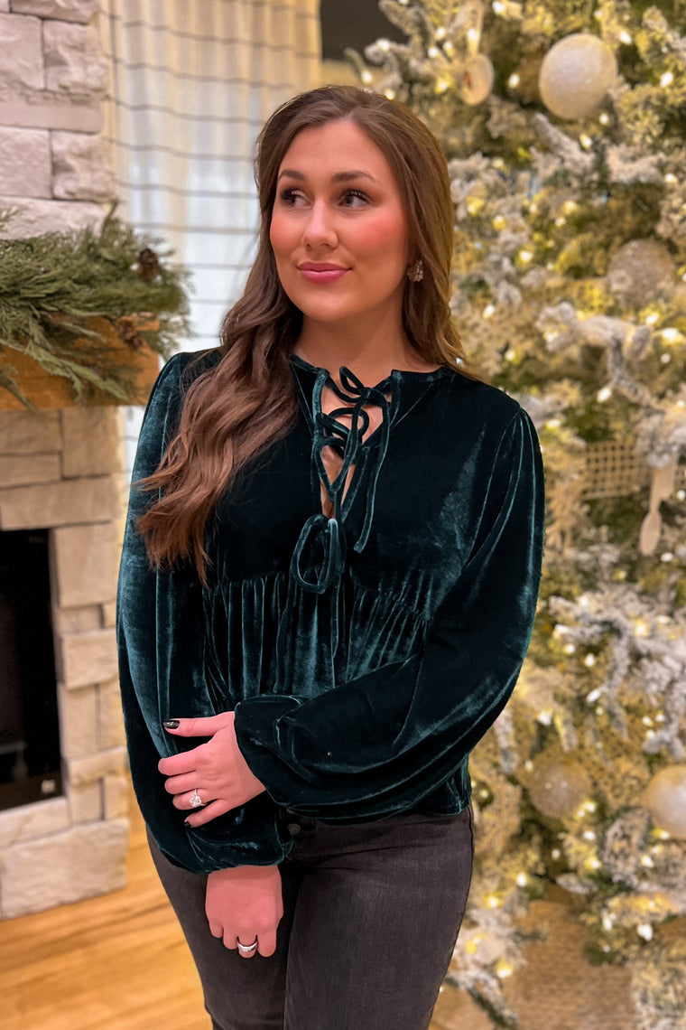 (SALE) Boughs Of Holly Velvet Bow Top (Evergreen)