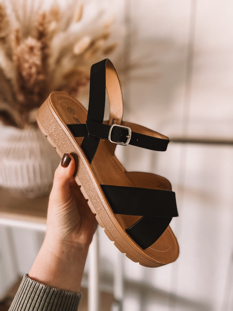 On The Double Crisscross Strap Sandal (Black)