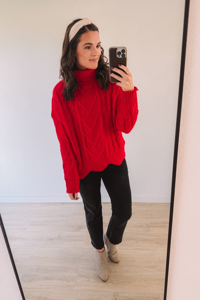 Holiday Cheer Cable Knit Turtleneck Sweater (Ruby)