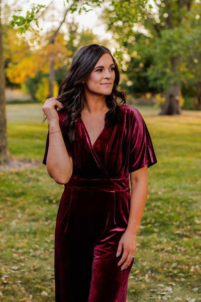 Only The Beginning Velvet Jumpsuit (Burgundy)