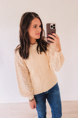 Girls Girl Lace Sleeve Ribbed Knit Sweater (Cream)