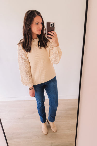Girls Girl Lace Sleeve Ribbed Knit Sweater (Cream)
