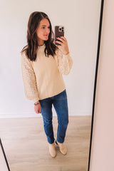 Girls Girl Lace Sleeve Ribbed Knit Sweater (Cream)