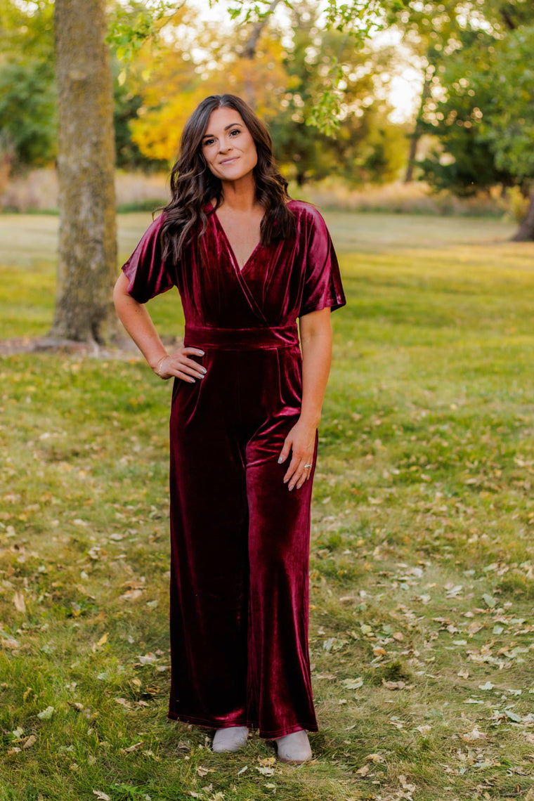 Only The Beginning Velvet Jumpsuit (Burgundy)