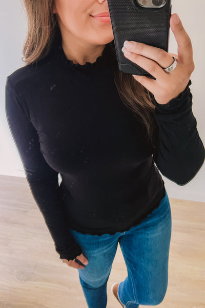 Frilly Basic Ribbed Long Sleeve (Black)