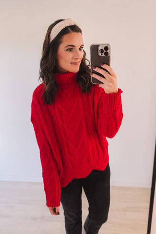 Holiday Cheer Cable Knit Turtleneck Sweater (Ruby)
