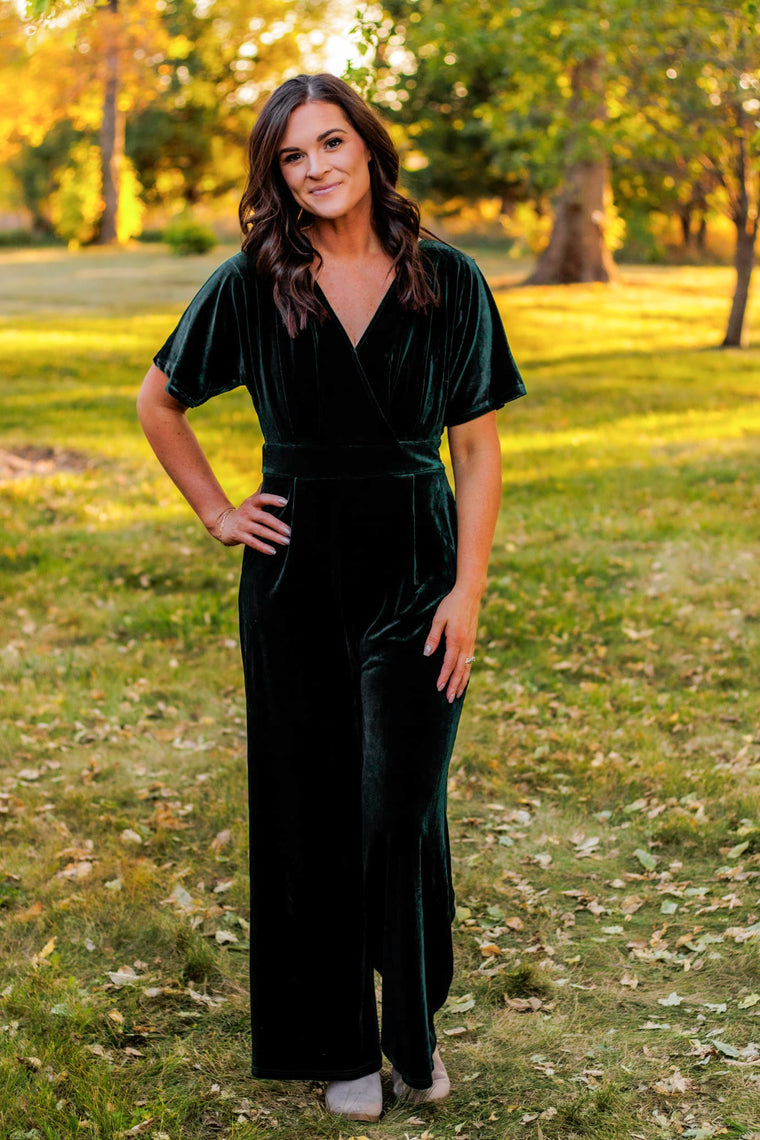 Only The Beginning Velvet Jumpsuit (Hunter Green)