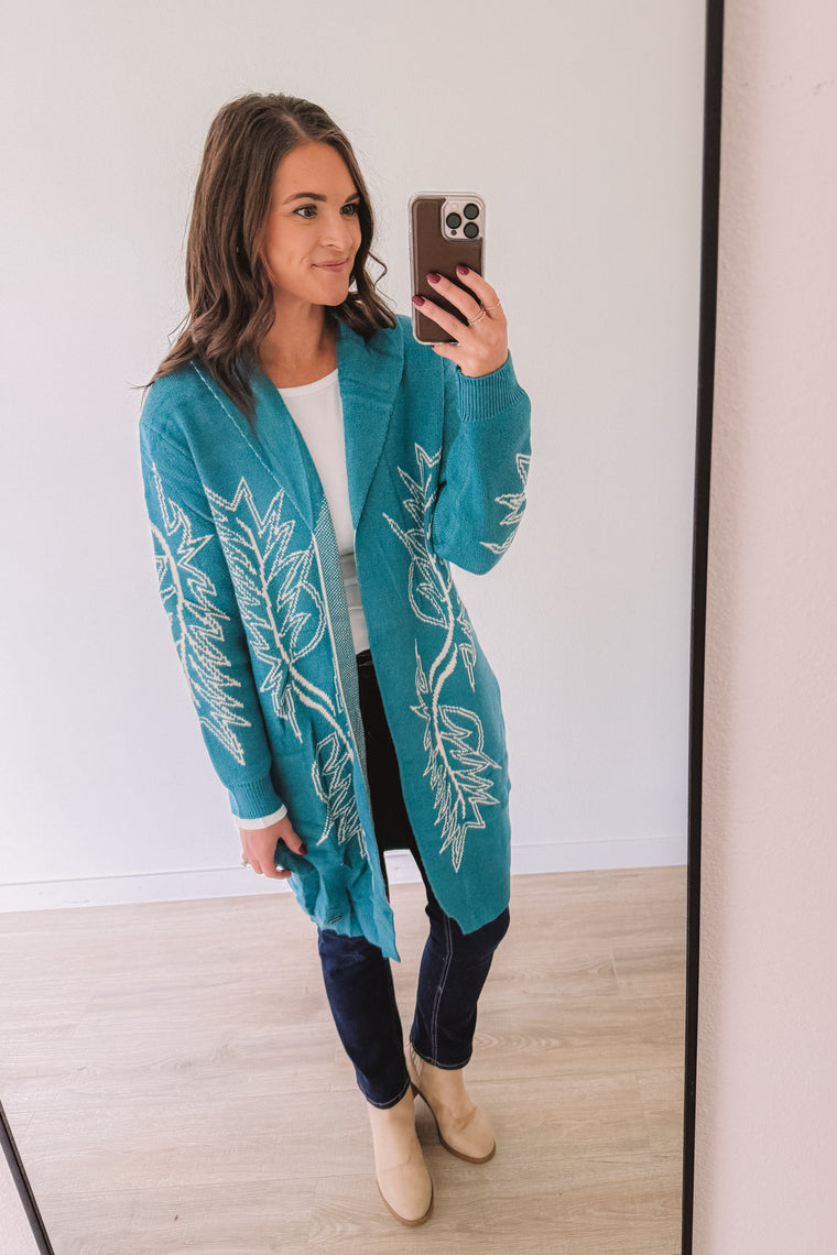 Western Boot Stitch Cardigan (Turquoise)