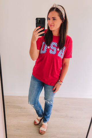 USA Checkered Graphic Tee (Red)