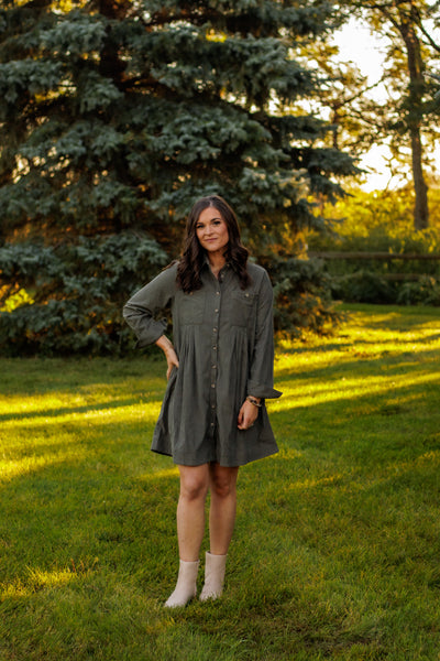 Corduroy Shirt Dress (Olive Green)