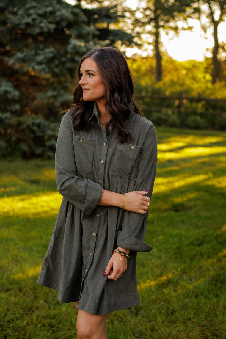 Corduroy Shirt Dress (Olive Green)