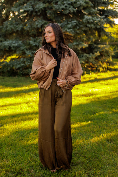 Not Lost Of Me Suede Bomber Jacket - Camel