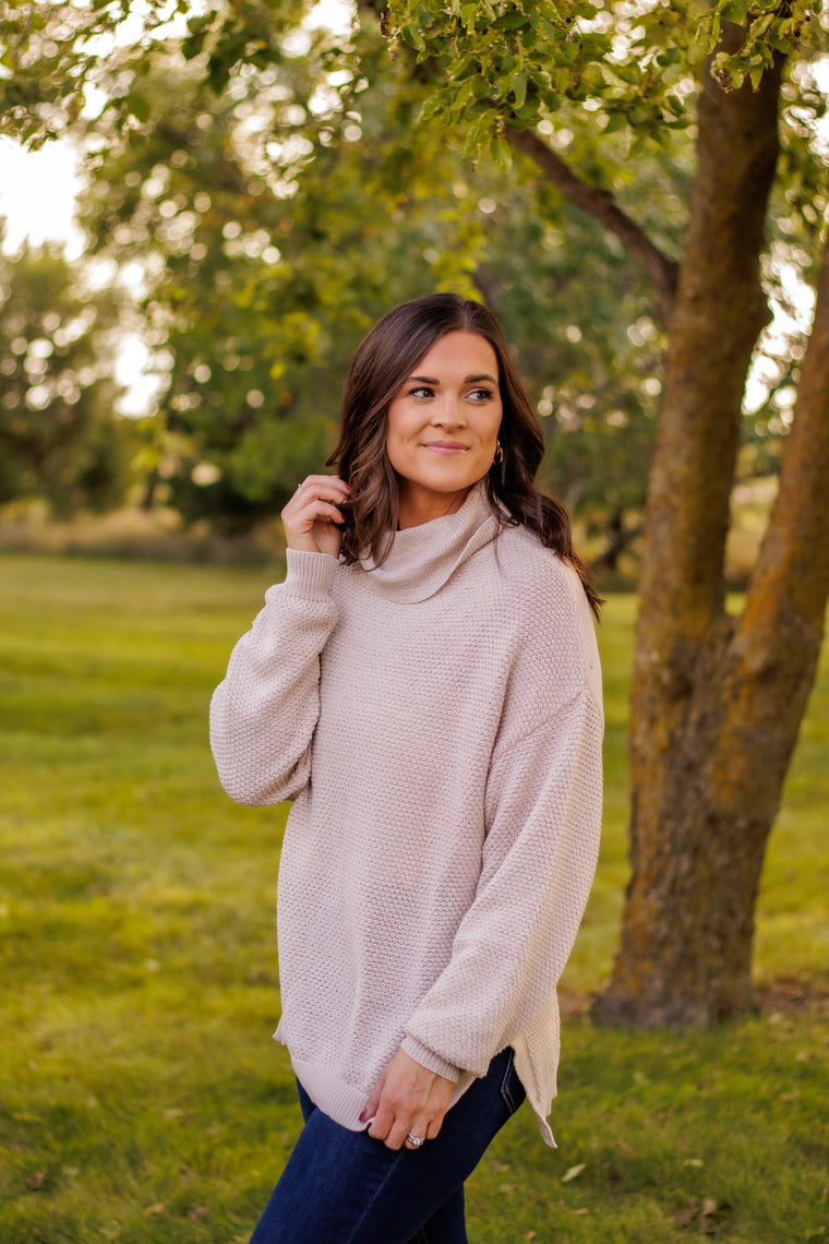 Seasonal Favorite Cowl Neck Sweater (Beige)