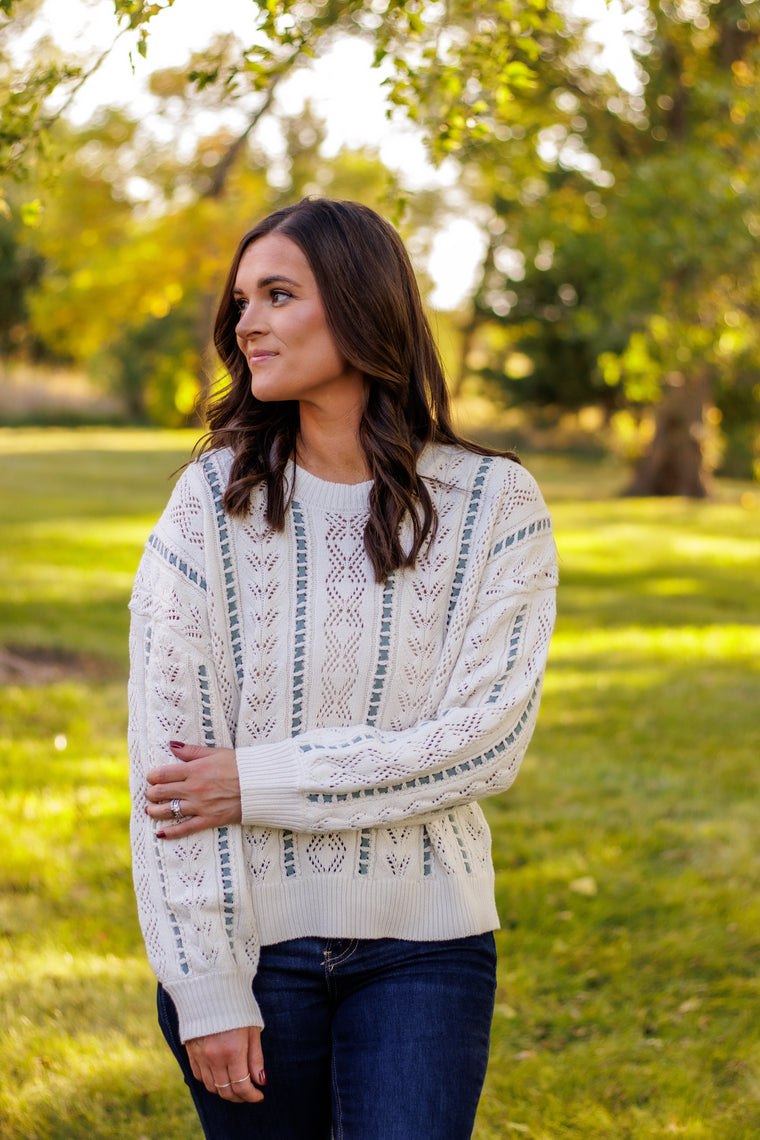 Weaved Together In Love Cable Knit Sweater (Cream/Turquoise)