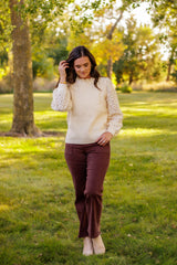 Girls Girl Lace Sleeve Ribbed Knit Sweater (Cream)