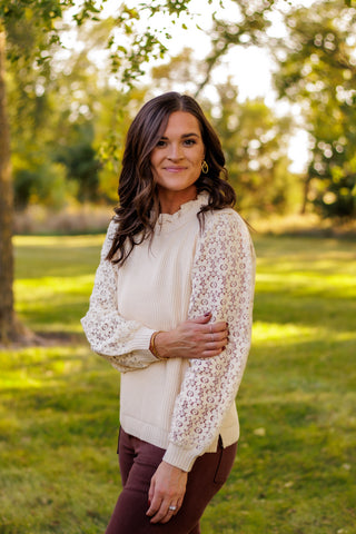 Girls Girl Lace Sleeve Ribbed Knit Sweater (Cream)