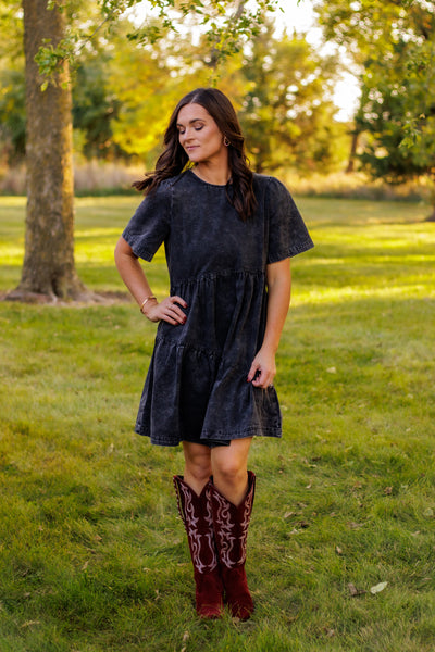 Through The Deepest Valley Washed Denim Dress (Black)