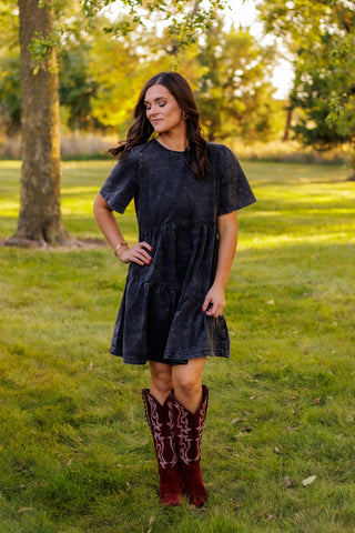 Through The Deepest Valley Washed Denim Dress (Black)