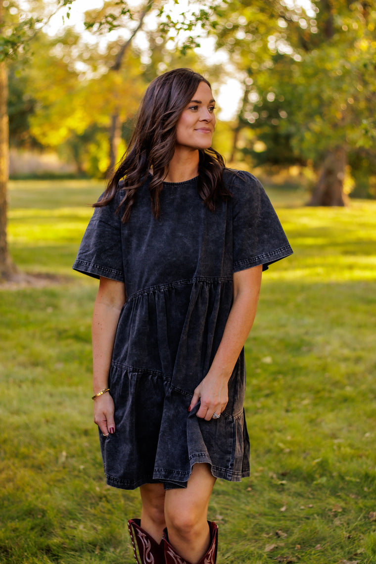 Through The Deepest Valley Washed Denim Dress (Black)