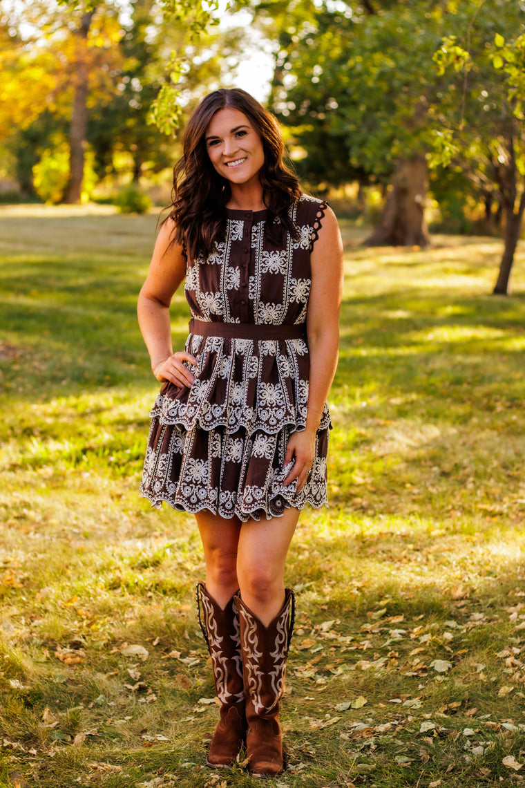Coffee Social Intricate Lace Dress (Chocolate)