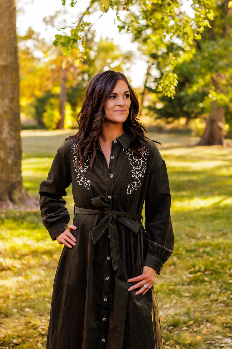 Give With A Grateful Heart Corduroy Dress (Olive)