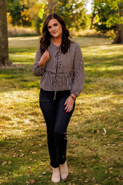 Gather With Gratitude Gingham Blouse (Brown)