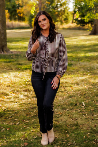 Gather With Gratitude Gingham Blouse (Brown)