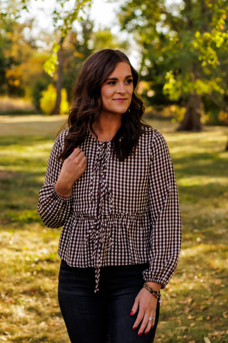 Gather With Gratitude Gingham Blouse (Brown)