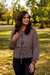 Gather With Gratitude Gingham Blouse (Brown)