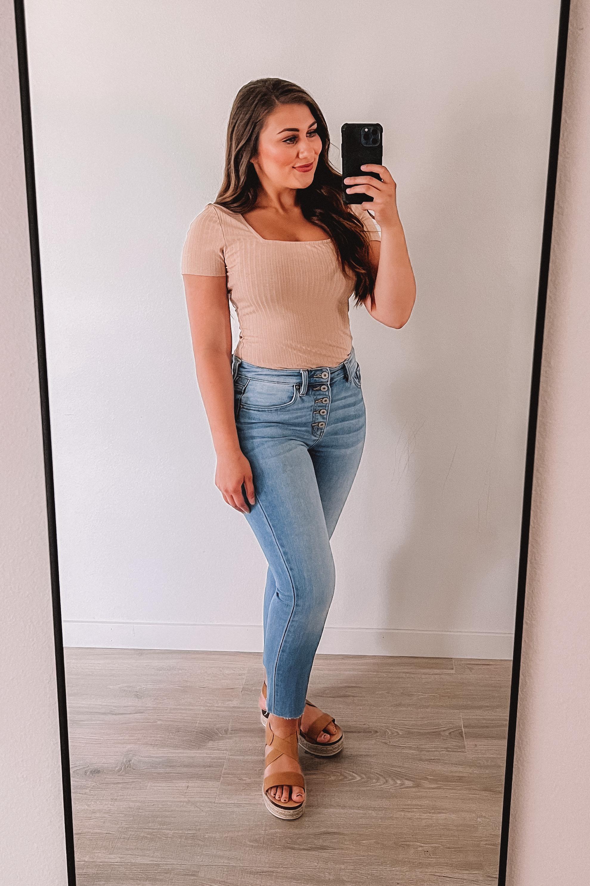 Ribbed Square Neckline Bodysuit (Nude)