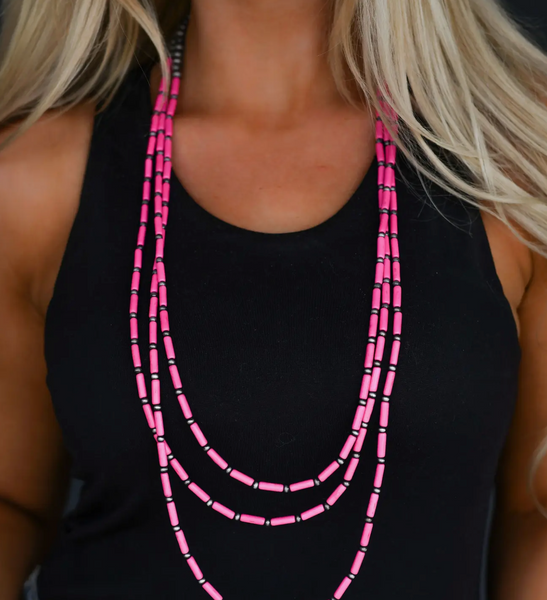 Three Strand Pink Tube + Pearl Disc Necklace