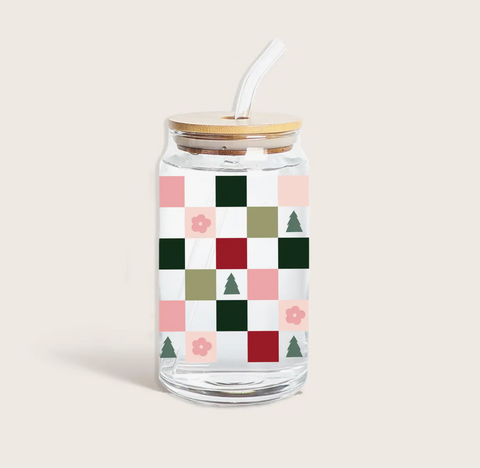 Retro Holiday Checkered Glass Cup With Lid & Straw