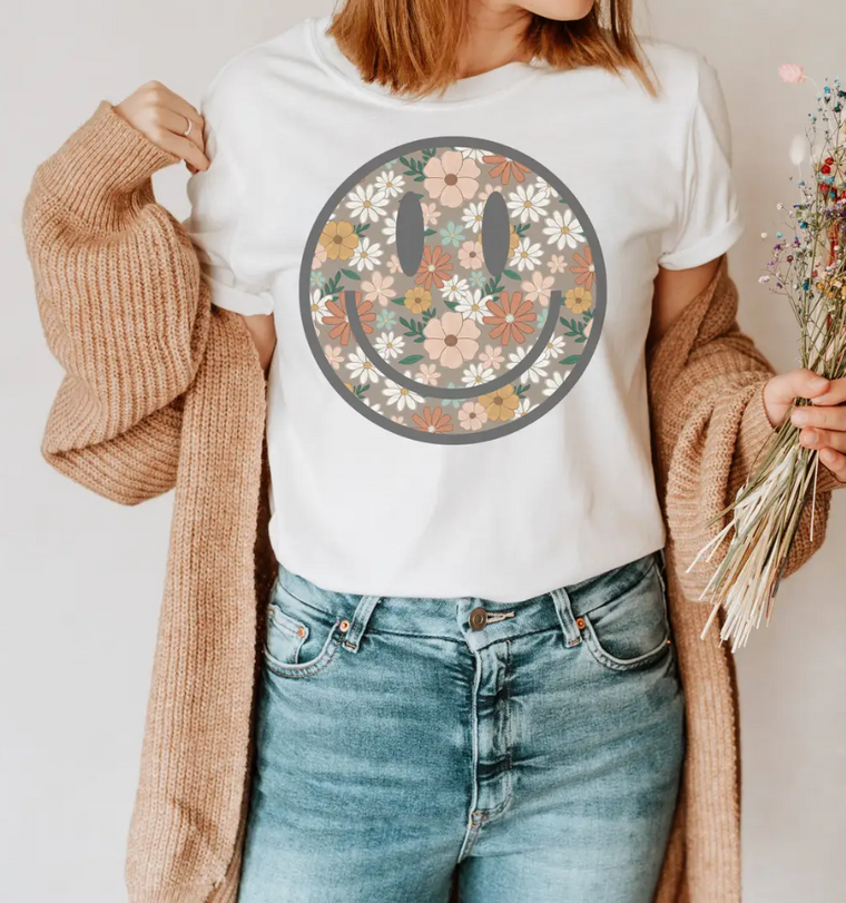 Floral Happy Face Graphic Tee (White)