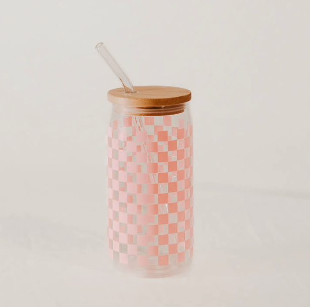 Pink Checkered 17oz Glass Cup With Lid & Straw