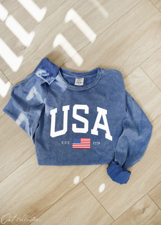 USA Mineral Washed Long Sleeve Graphic (Blue)
