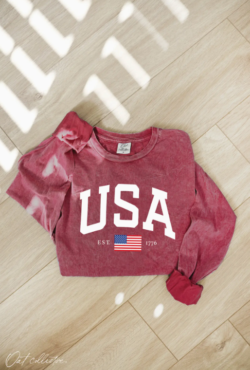 USA Mineral Washed Long Sleeve Graphic (Cardinal)