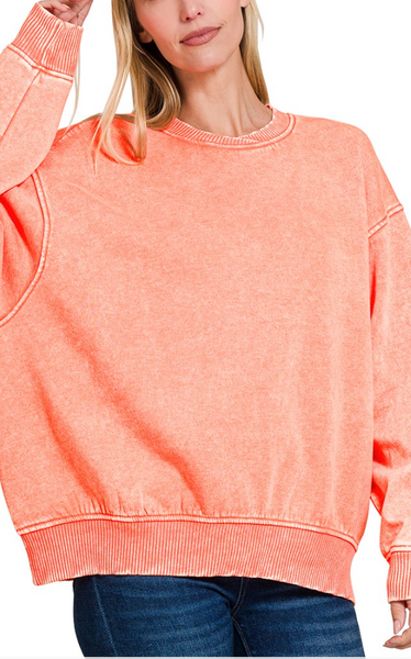 Ultimate Cozy Mineral Wash Pullover (Coral)