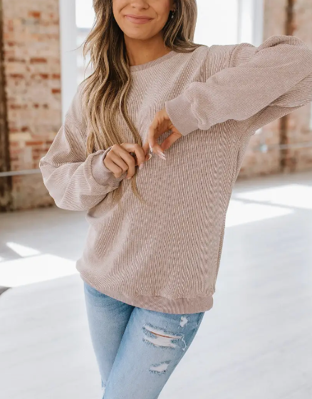 Beautiful Day Ribbed Pullover (Almond)