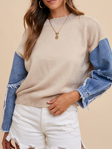 Take It Or Leave It Denim Sleeve Pullover