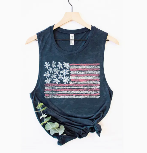 (SALE) Floral American Flag Mineral Wash Graphic Tan (Navy)