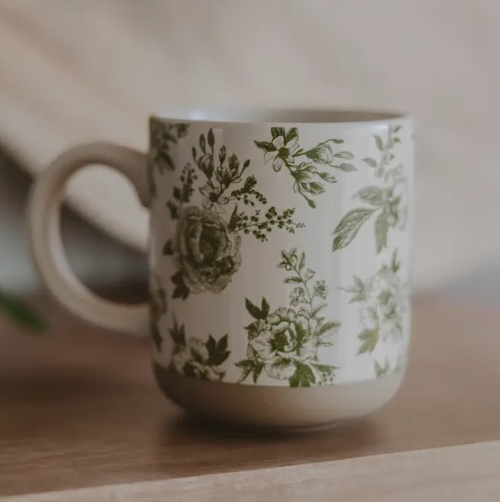 Green Floral Stoneware Coffee Mug