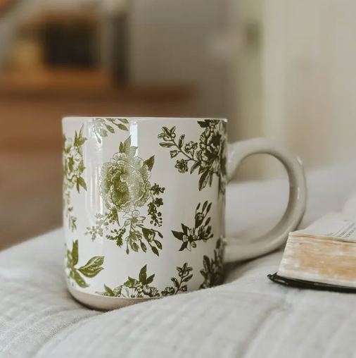 Green Floral Stoneware Coffee Mug