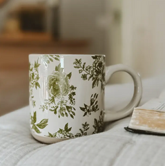 Green Floral Stoneware Coffee Mug
