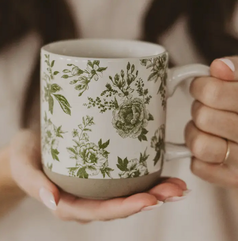 Green Floral Stoneware Coffee Mug