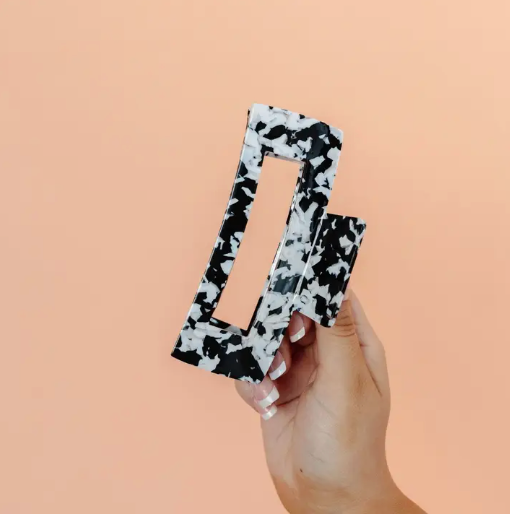 Oversized Hair Clip - Black & White Marble