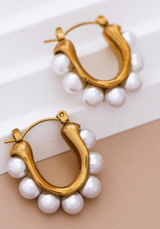 18K Stainless Steel Pearl Hoop Earrings