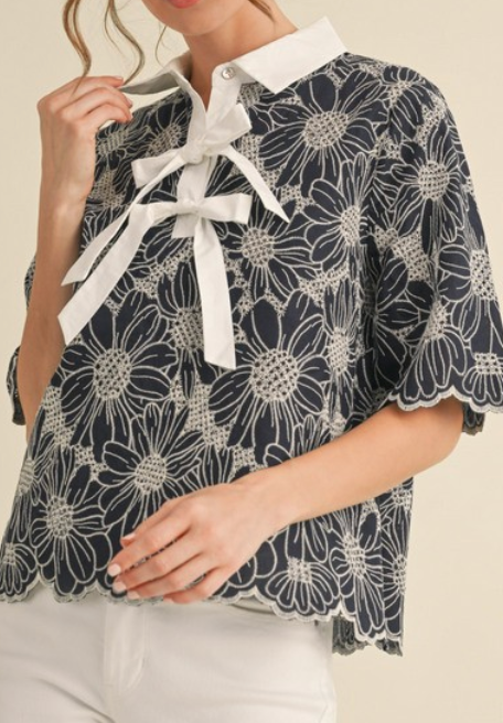 Catching Feels Dark Navy Floral Eyelet Blouse