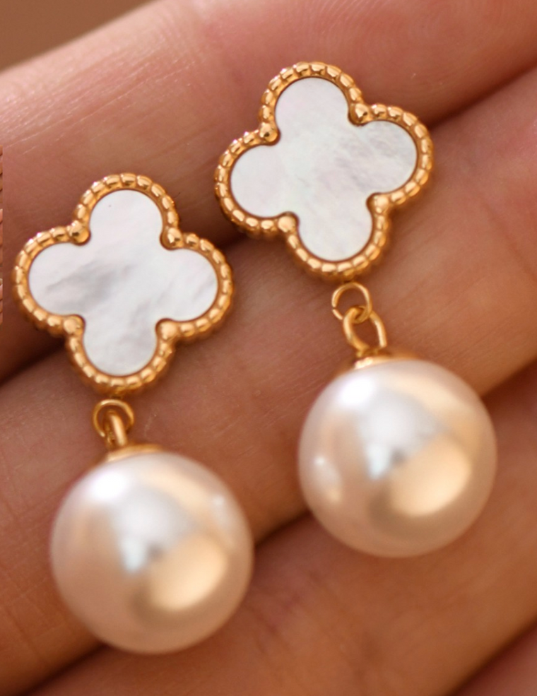 18K Stainless Steel Clover & Pearl Earrings