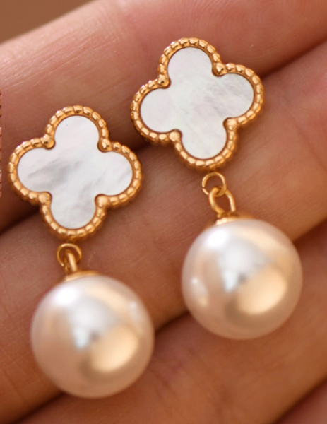 18K Stainless Steel Clover & Pearl Earrings